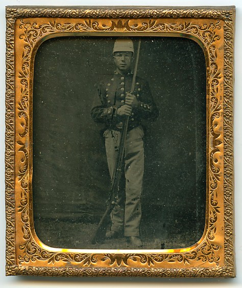 Soldier Tintype, mat, frame and glass packet