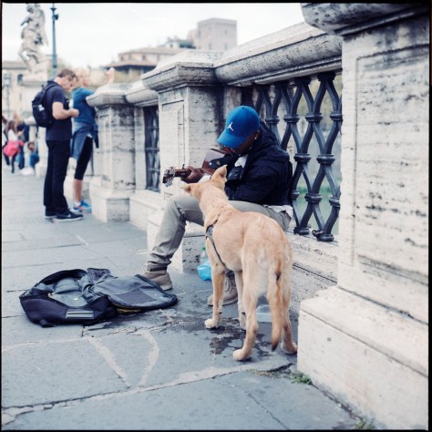 Busker and dog, Angel Bridge